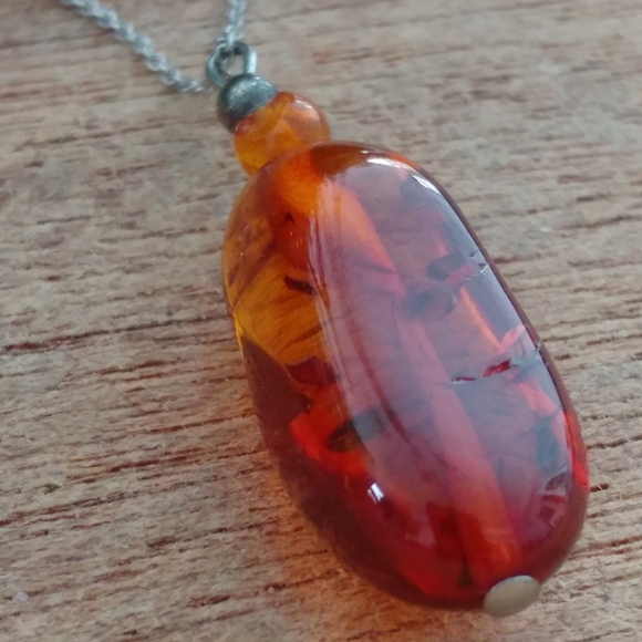 Vintage Solid Sterling Silver 925 Chain Amber Pendant - Picture 3 of 6